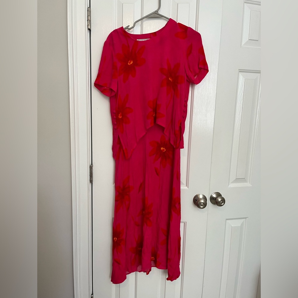 Vintage midi dress with cropped over shirt. Bright pink. Size 6 petite.